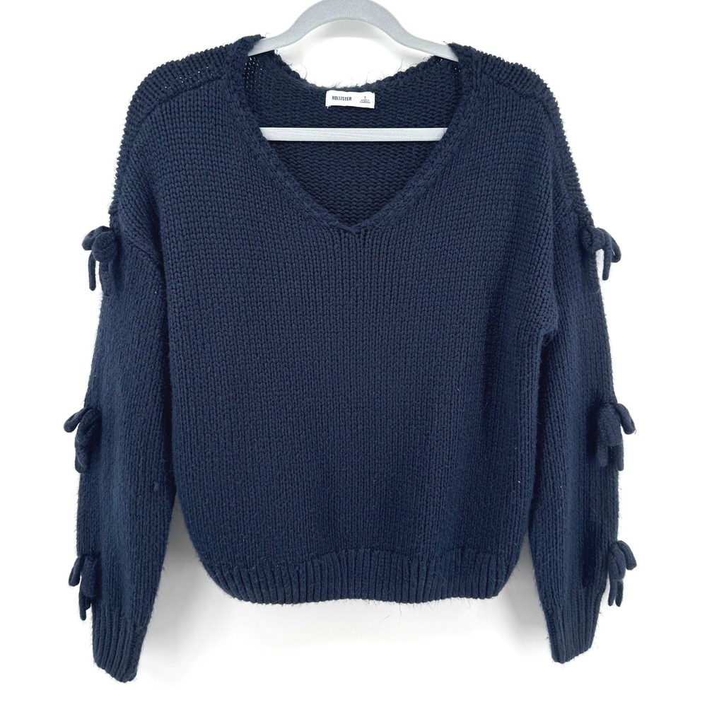 Hollister Sweater Womens S Blue Bow Sleeve V-Neck Chunky Knit Pullover Coquette